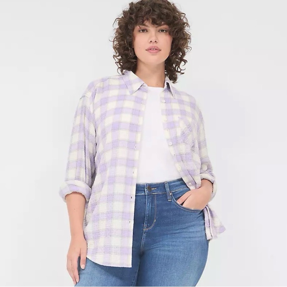 Lane Bryant Lavender and White Button-Down Crinkle Plaid Shirt Size 22/24